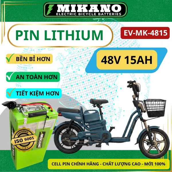 Pin Lithium Xe Điện Mikano EV-MK-4815 (48V 15Ah) - Kiểu Đứng Linh Hoạt Cho Xe Đạp Điện, Xe Máy Điện, Scooter & Xe Lăn Điện