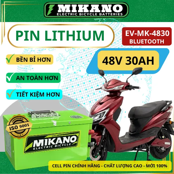 Pin Lithium Xe Điện Mikano EV-MK-B4830 (48V 30Ah Tích Hợp Bluetooth) - Cho Xe Đạp Điện, Xe Máy Điện, Scooter & Xe Lăn Điện